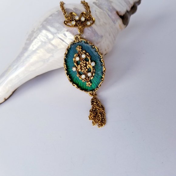 VTG LJM Emerald Green & Gold Enamel Necklace | Tassel Pendant | Mid-Century Glam - Picture 3 of 11
